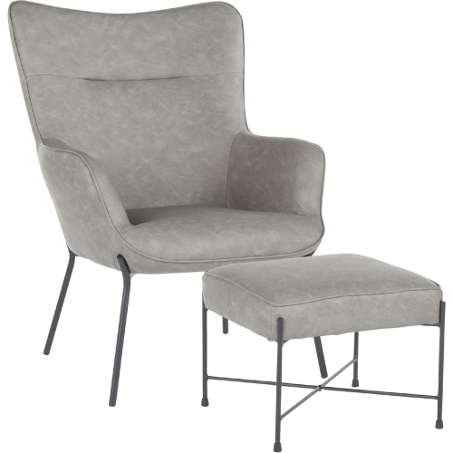 Izzy Lounge Chair & Ottoman Set in Grey Leatherette & Black Metal